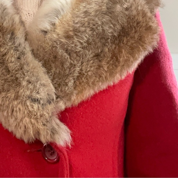Vintage 50s 60s Red Wool Double Breasted Coat with Rabbit Fur Collar, xs / small - Picture 7 of 10